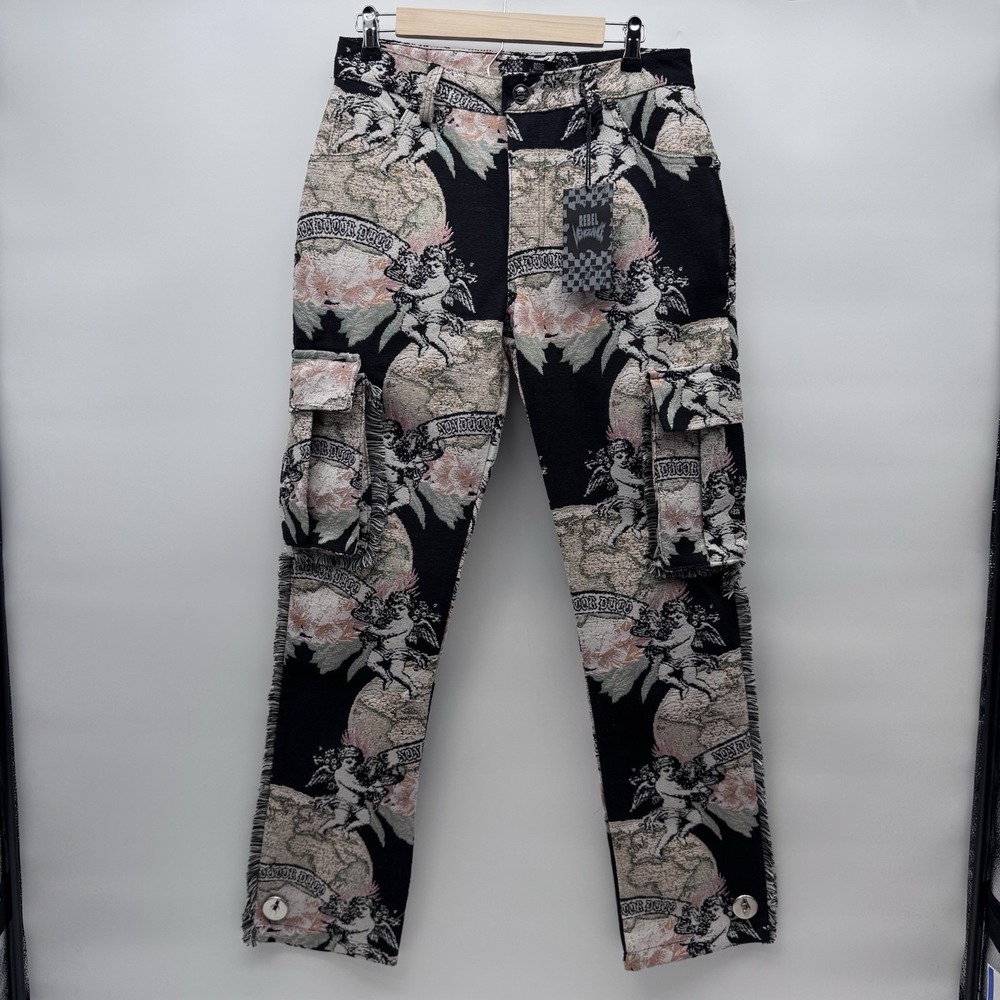 Rebel Vengeance Cherub Angel Tapestry Cargo Pants Men's 30 Streatwear Fringed